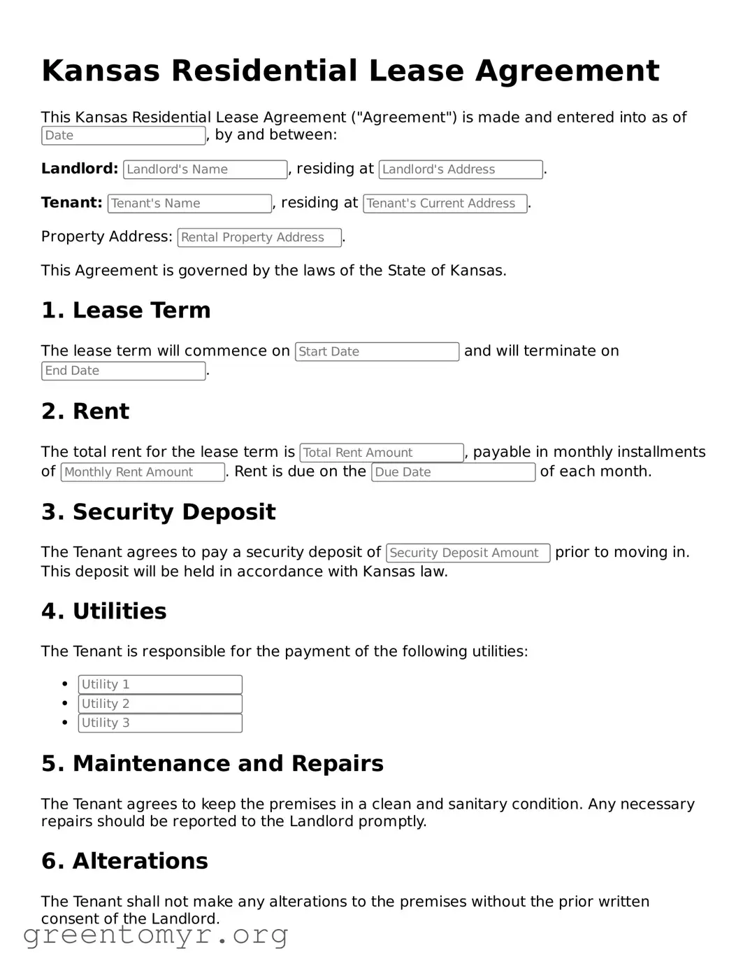 Residential Lease Agreement Form for the State of Kansas