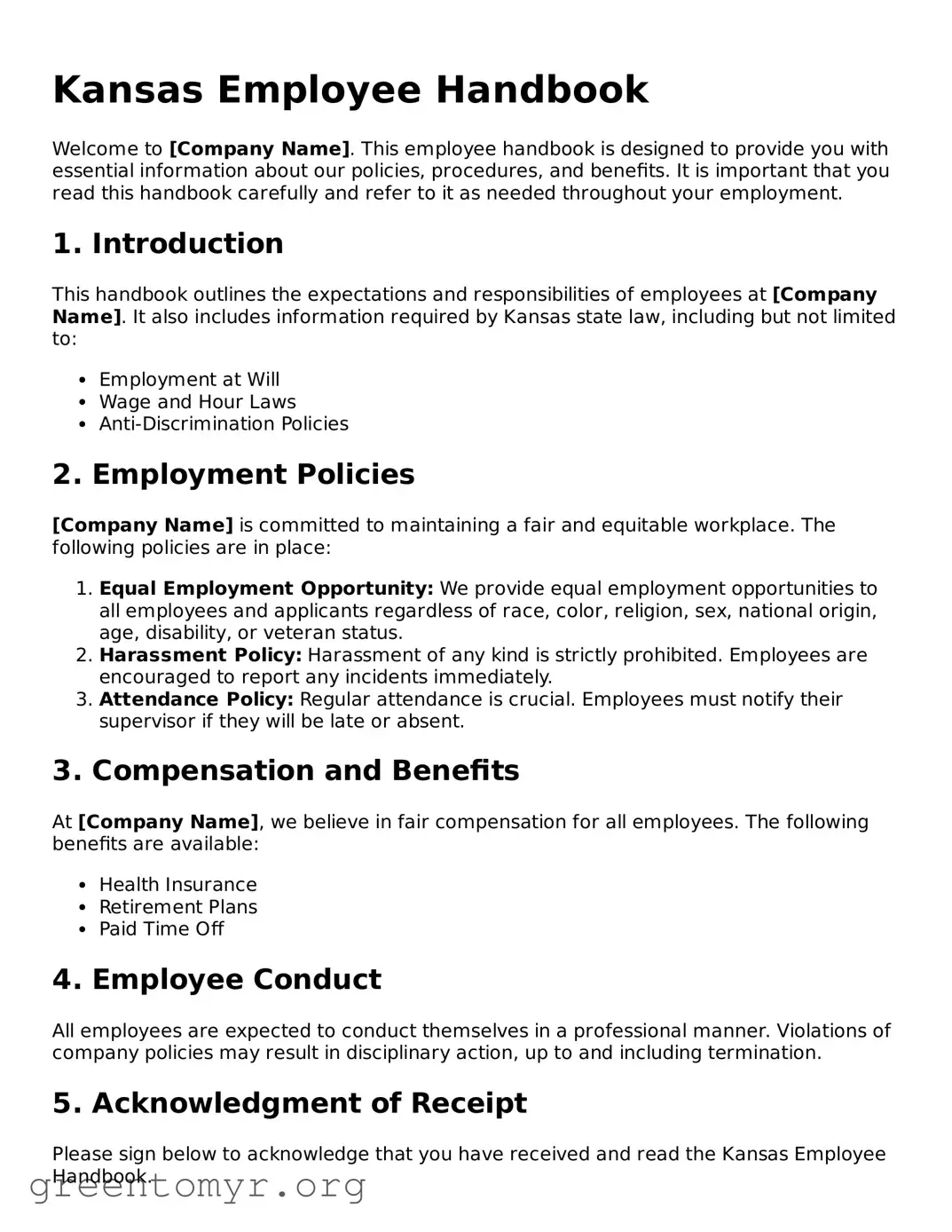 Employee Handbook Form for the State of Kansas