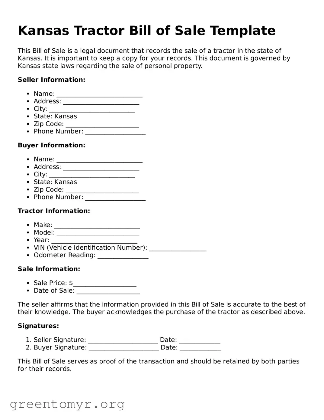Tractor Bill of Sale Form for the State of Kansas