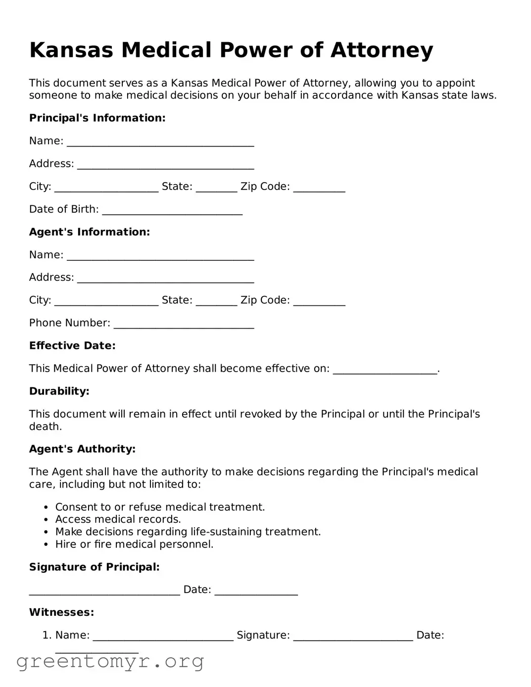 Medical Power of Attorney Form for the State of Kansas