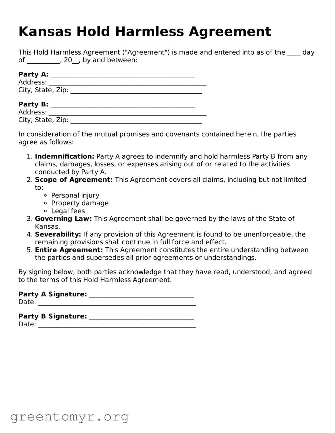 Hold Harmless Agreement Form for the State of Kansas