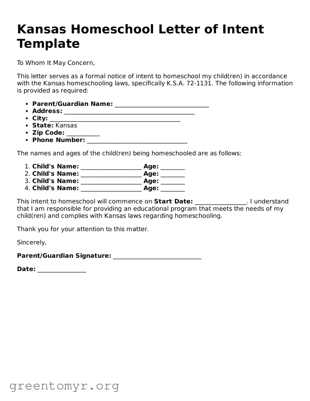 Homeschool Letter of Intent Form for the State of Kansas