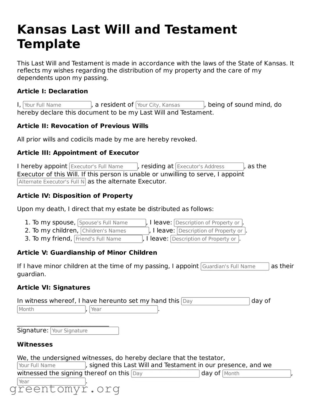 Last Will and Testament Form for the State of Kansas