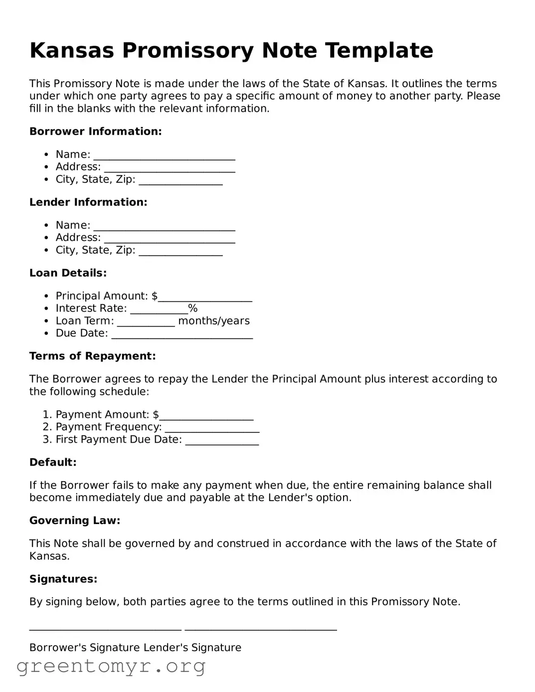 Promissory Note Form for the State of Kansas