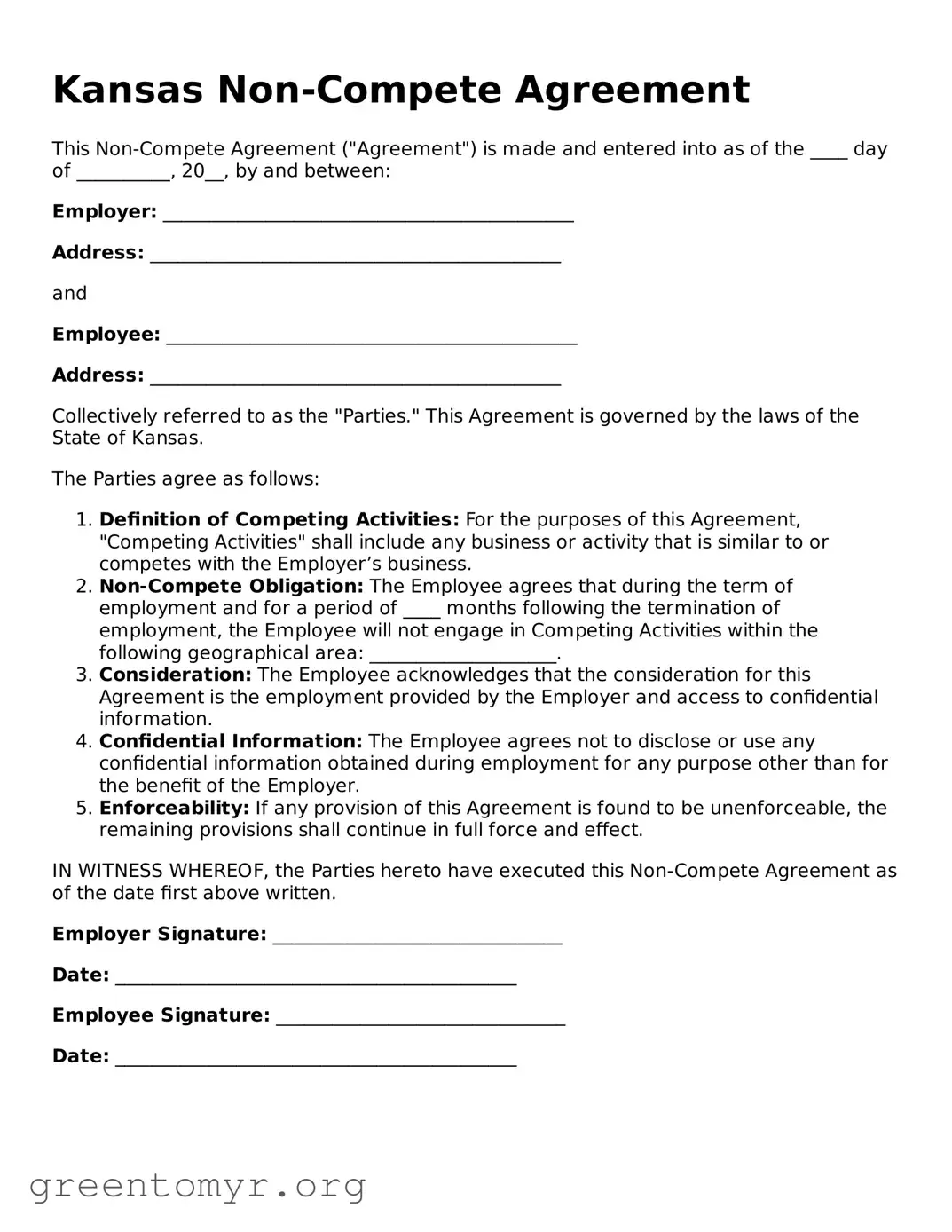 Non-compete Agreement Form for the State of Kansas