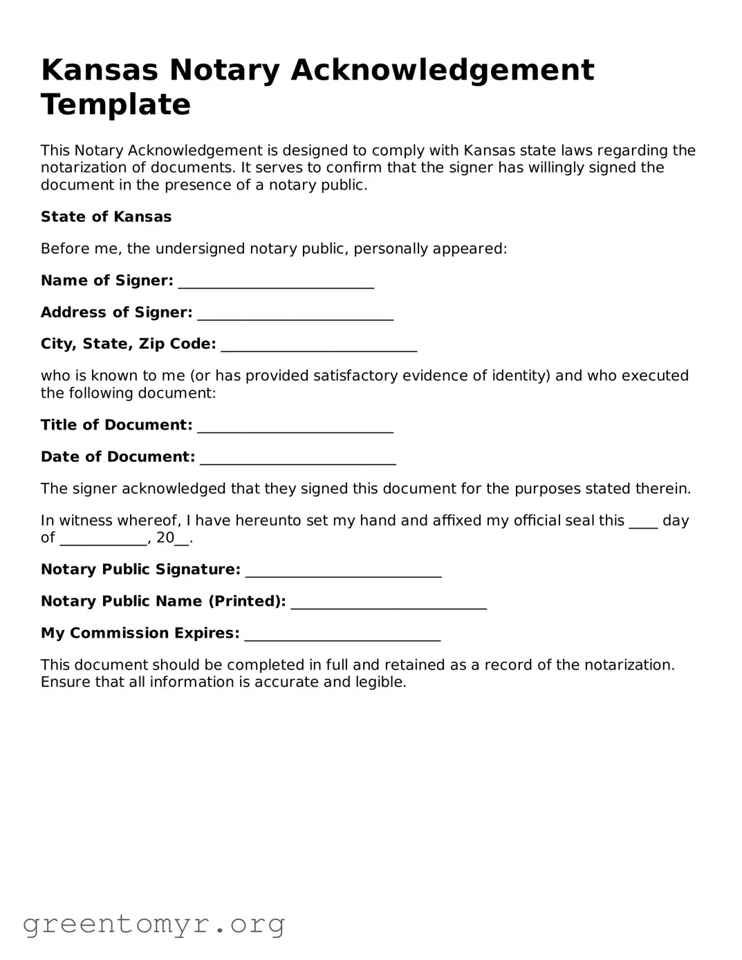 Notary Acknowledgement Form for the State of Kansas