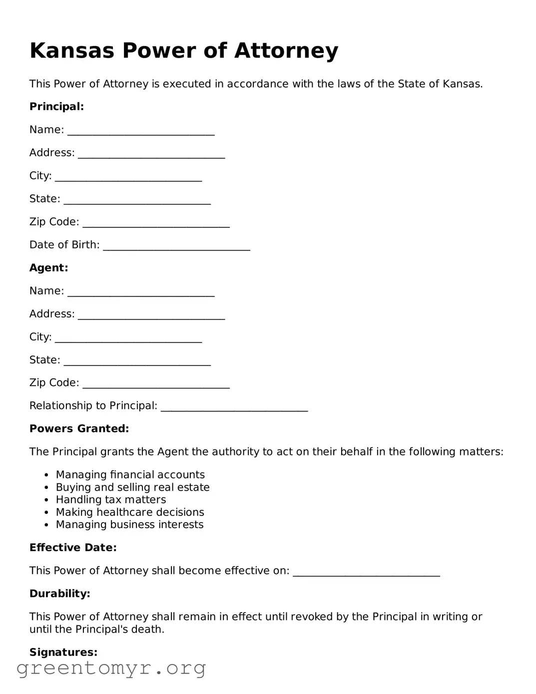 Power of Attorney Form for the State of Kansas