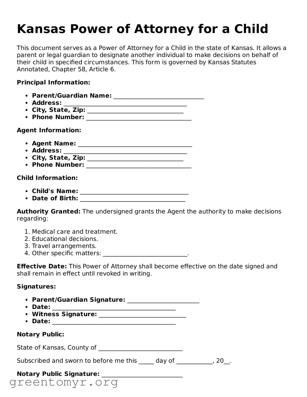 Power of Attorney for a Child Form for the State of Kansas