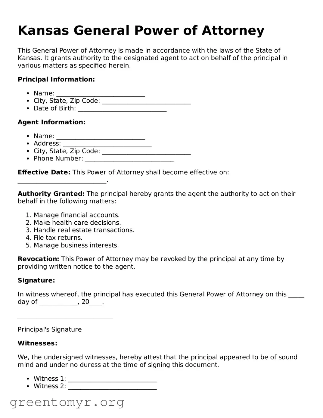 General Power of Attorney Form for the State of Kansas