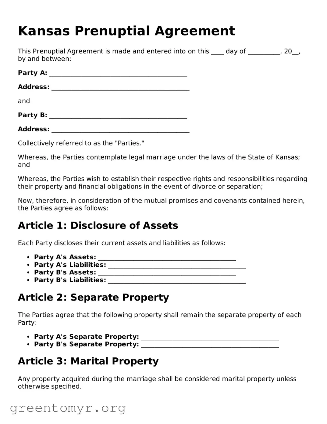 Prenuptial Agreement Form for the State of Kansas