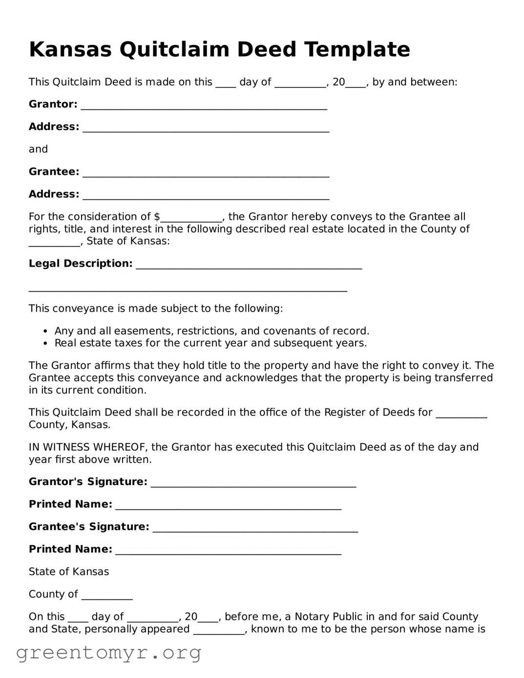 Quitclaim Deed Form for the State of Kansas