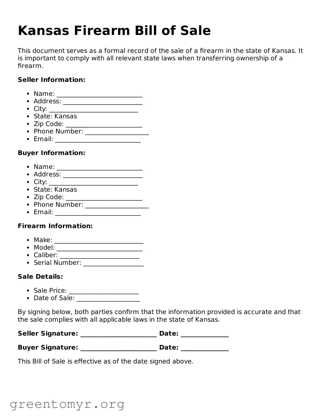 Firearm Bill of Sale Form for the State of Kansas