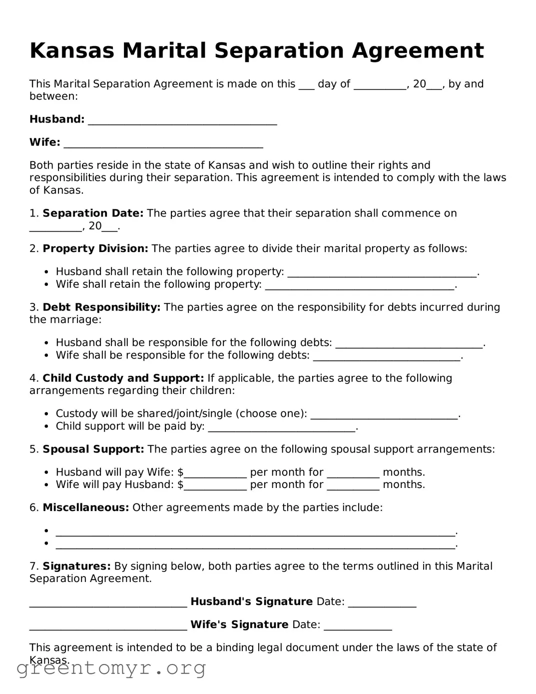Marital Separation Agreement Form for the State of Kansas