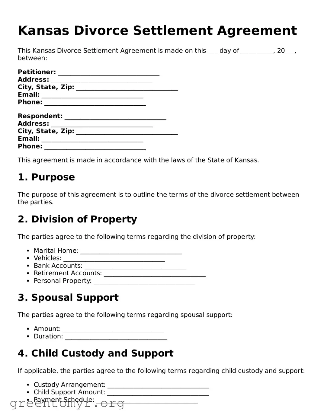Divorce Settlement Agreement Form for the State of Kansas