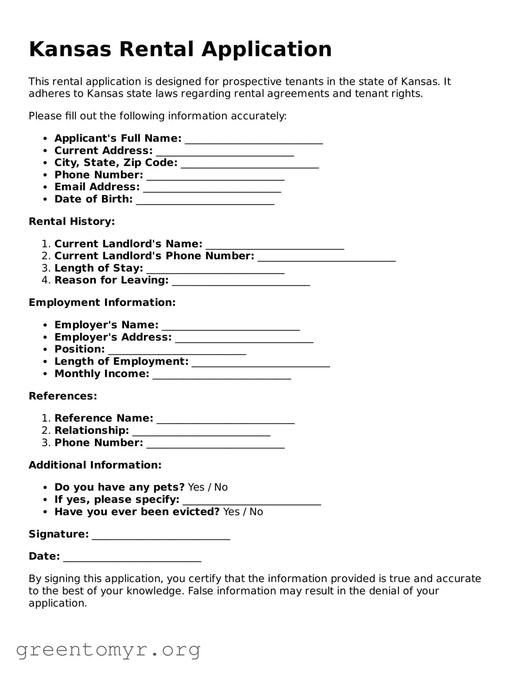 Rental Application Form for the State of Kansas
