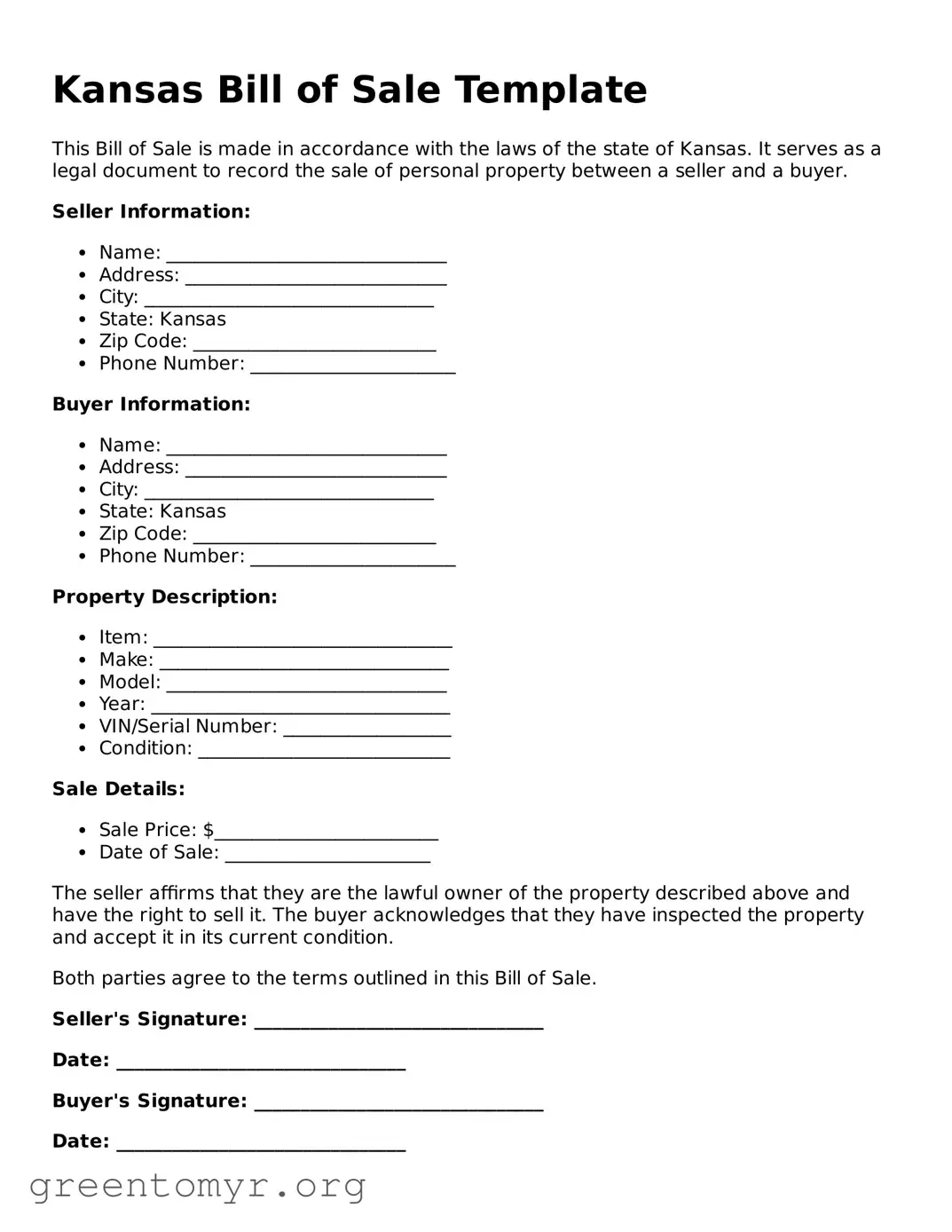 Bill of Sale Form for the State of Kansas