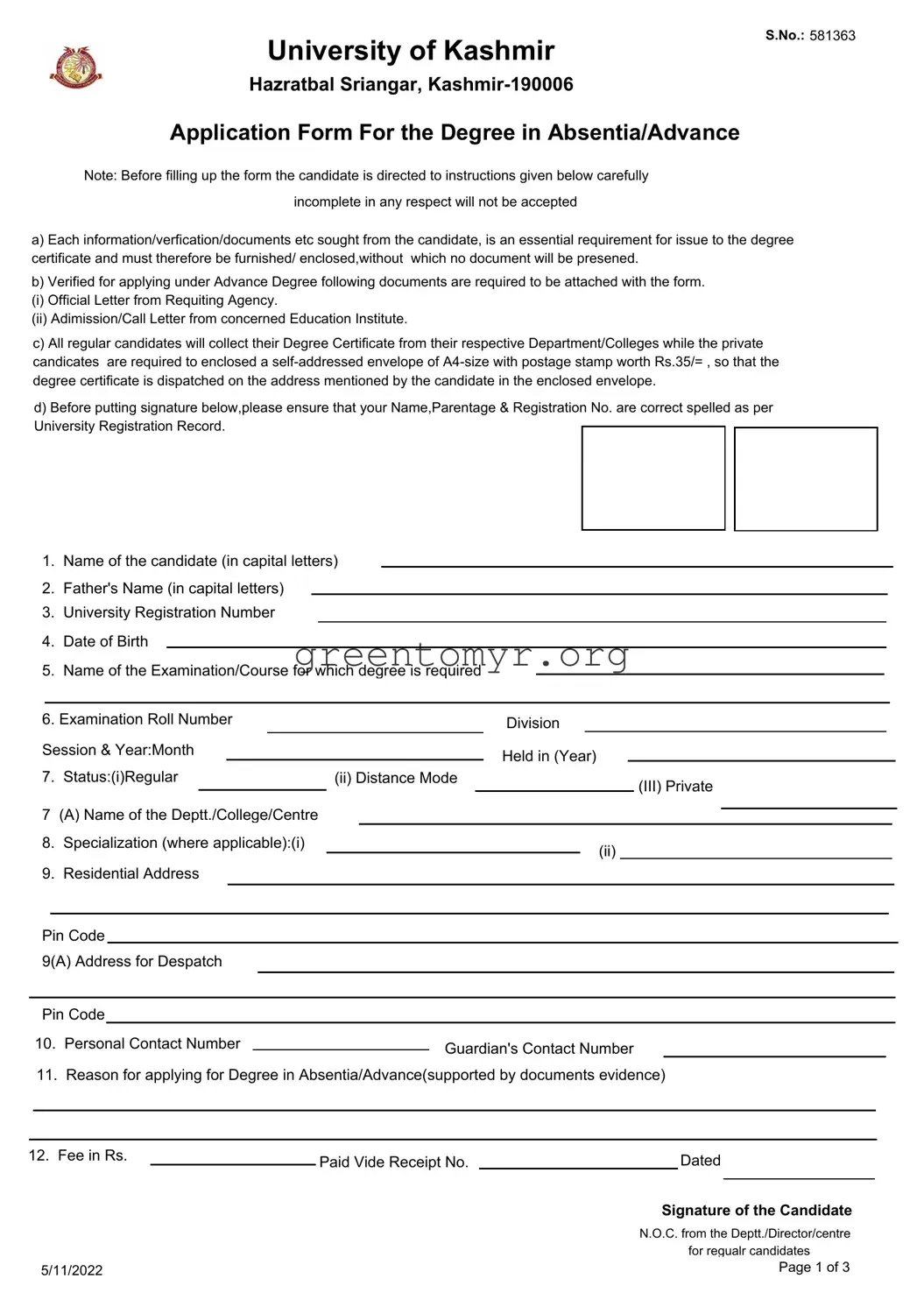 Fill in a Valid Kashmir University Degree Certificate Template