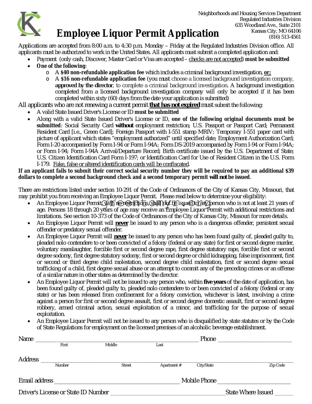 Fill in a Valid Kcmo Employee Liquor Template