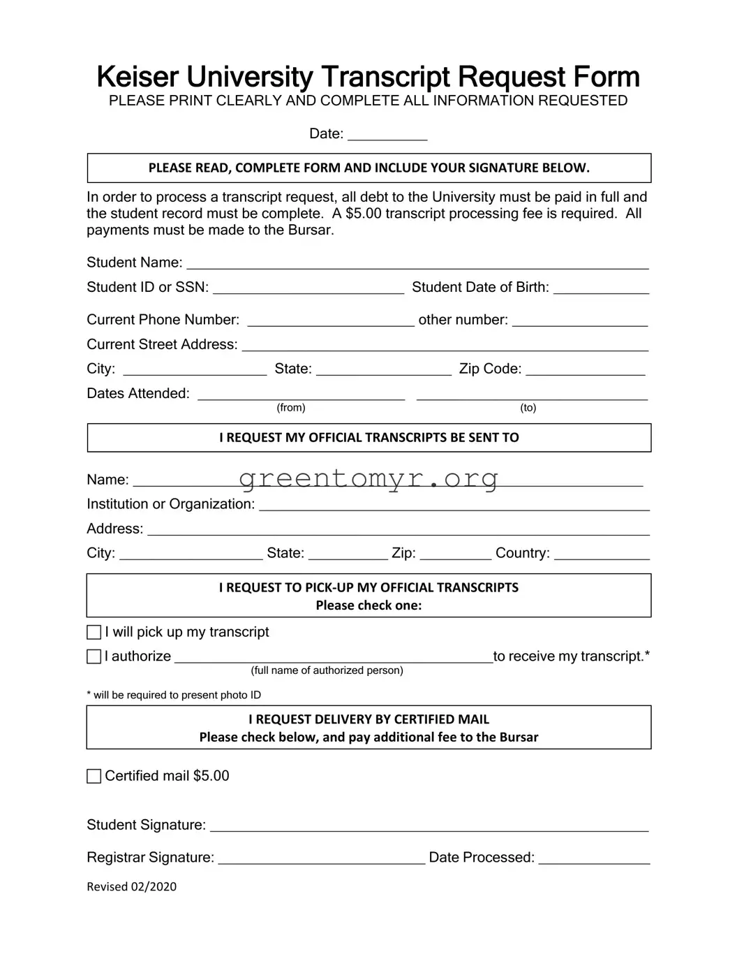 Fill in a Valid Keiser University Transcript Request Template