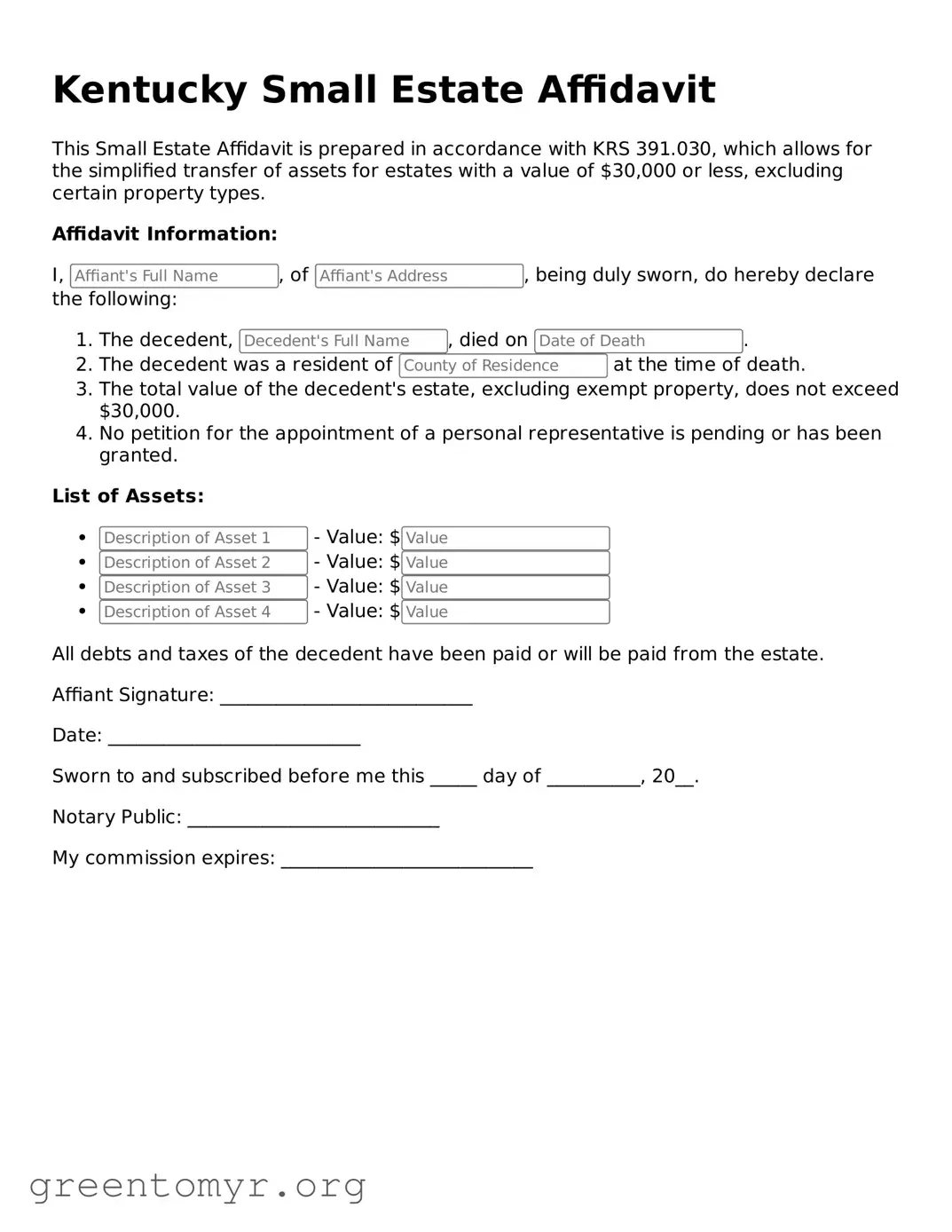 Small Estate Affidavit Form for the State of Kentucky
