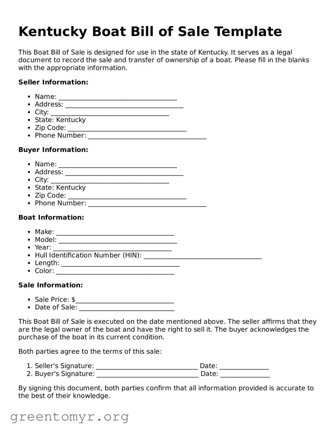 Boat Bill of Sale Form for the State of Kentucky
