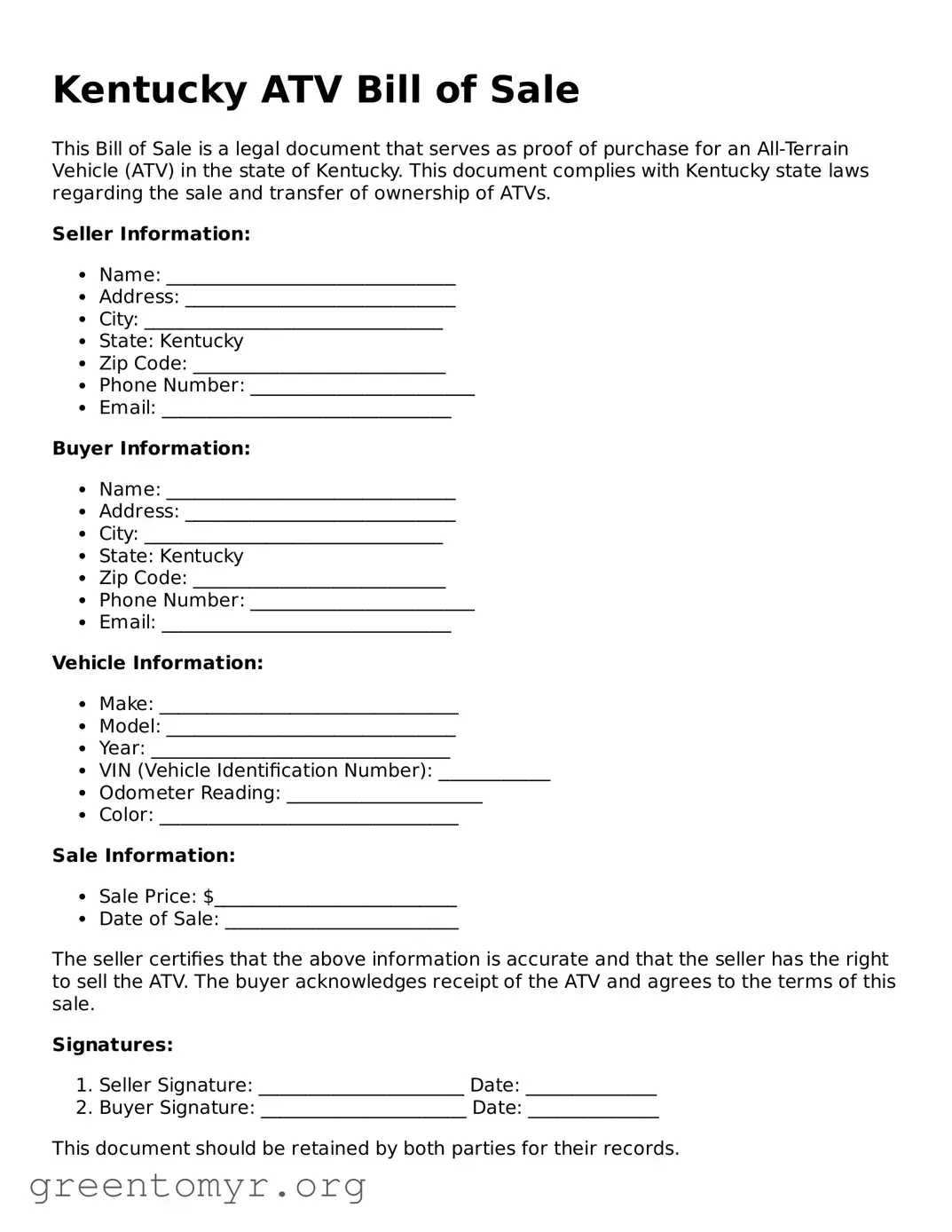 ATV Bill of Sale Form for the State of Kentucky