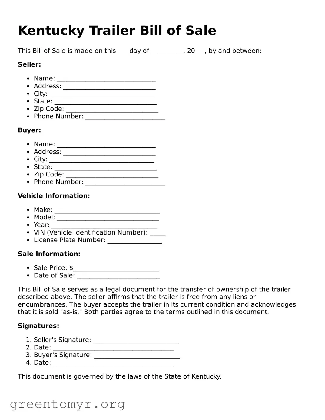 Trailer Bill of Sale Form for the State of Kentucky
