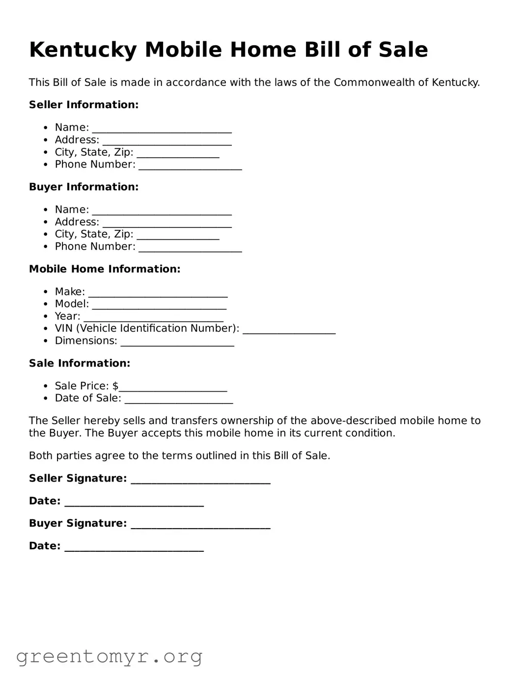 Mobile Home Bill of Sale Form for the State of Kentucky