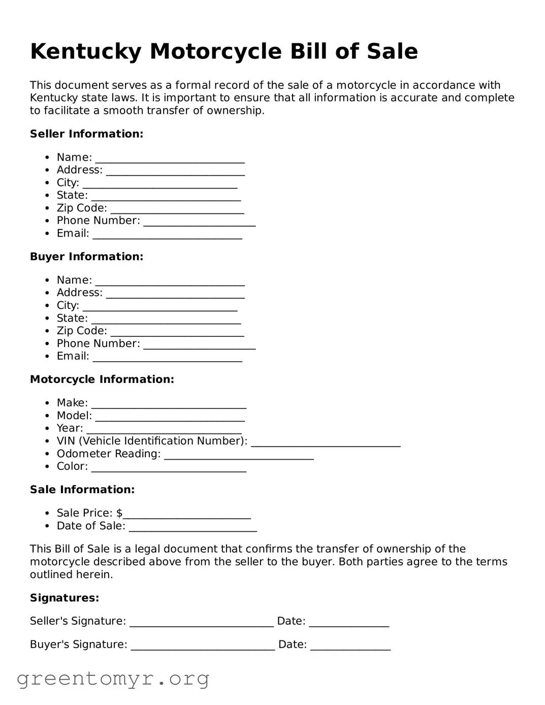 Motorcycle Bill of Sale Form for the State of Kentucky