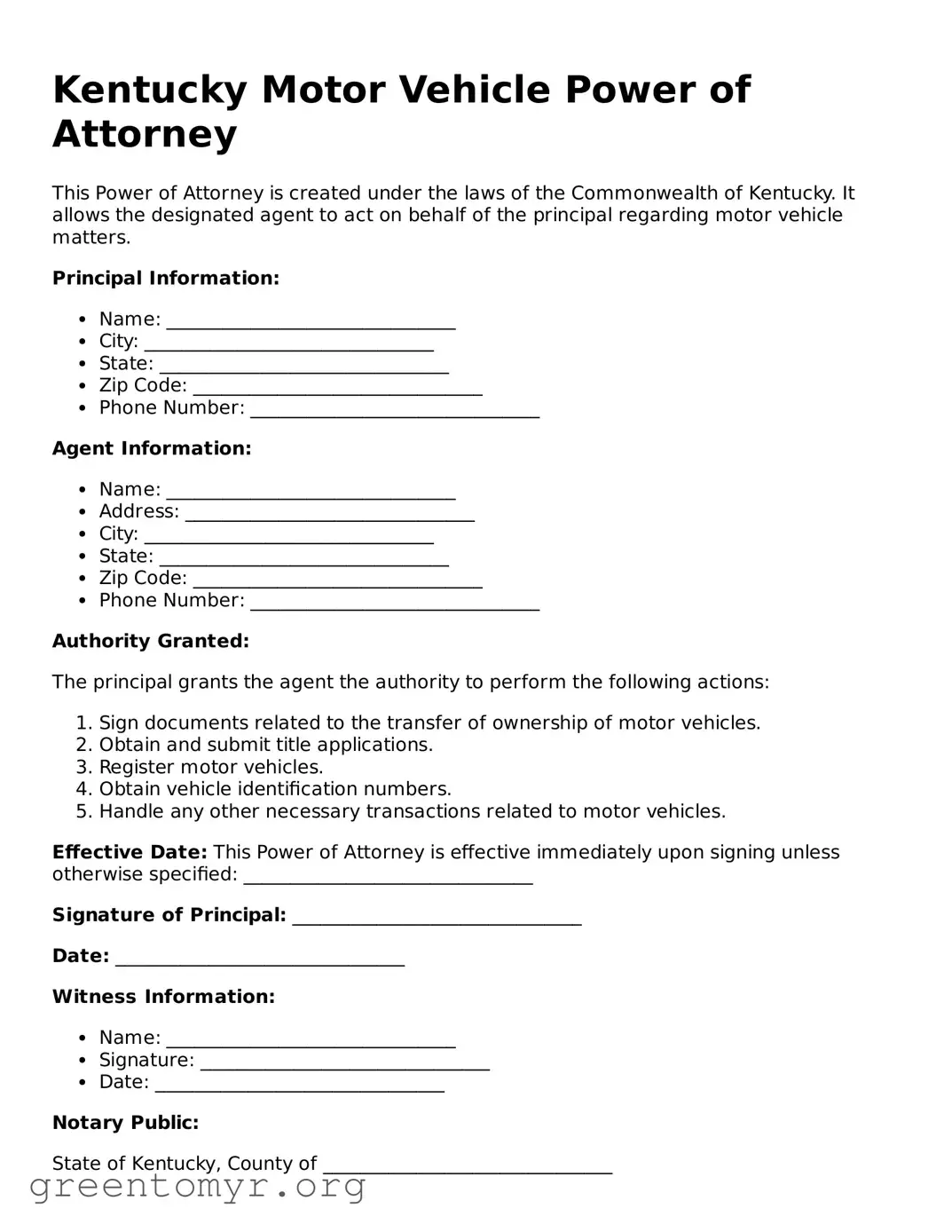 Motor Vehicle Power of Attorney Form for the State of Kentucky