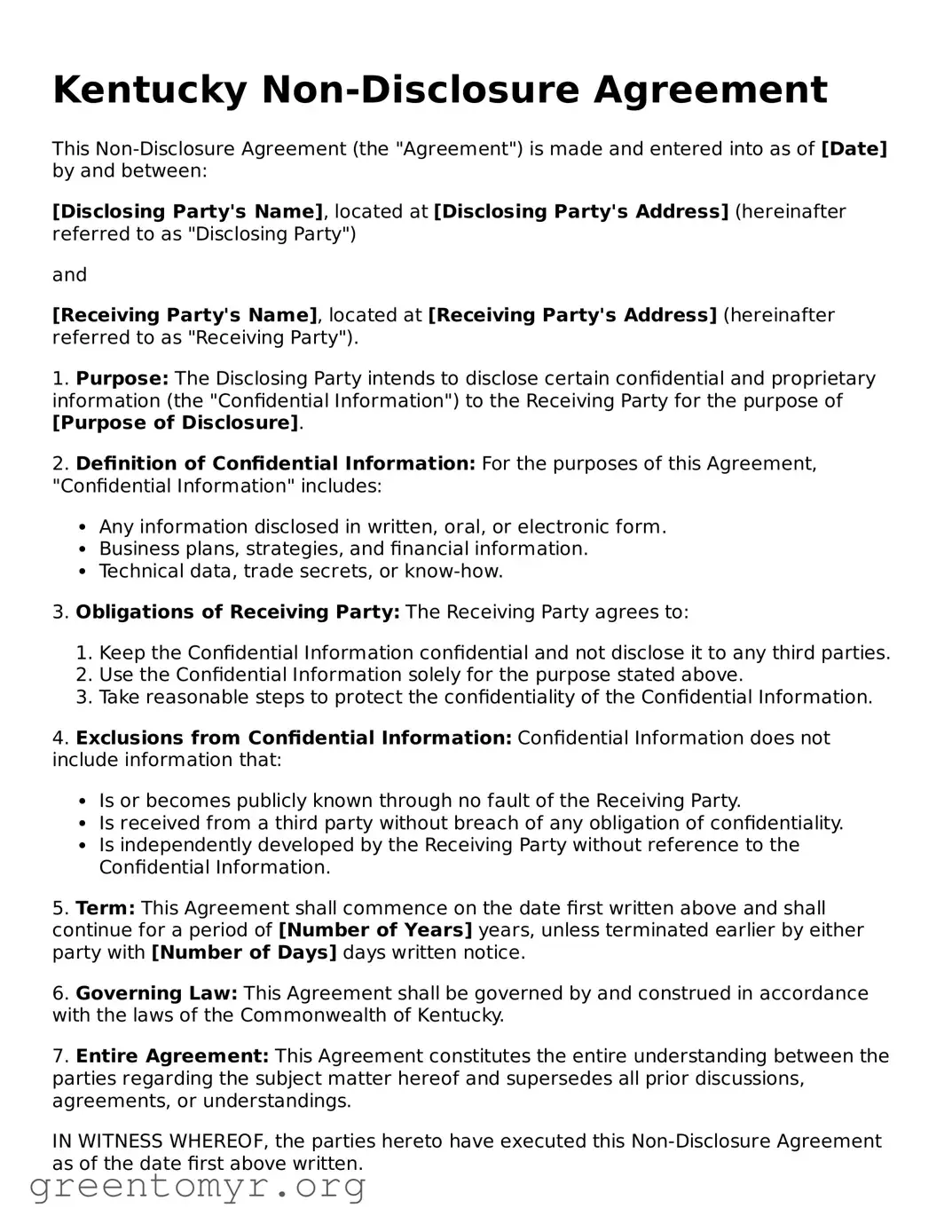 Non-disclosure Agreement Form for the State of Kentucky