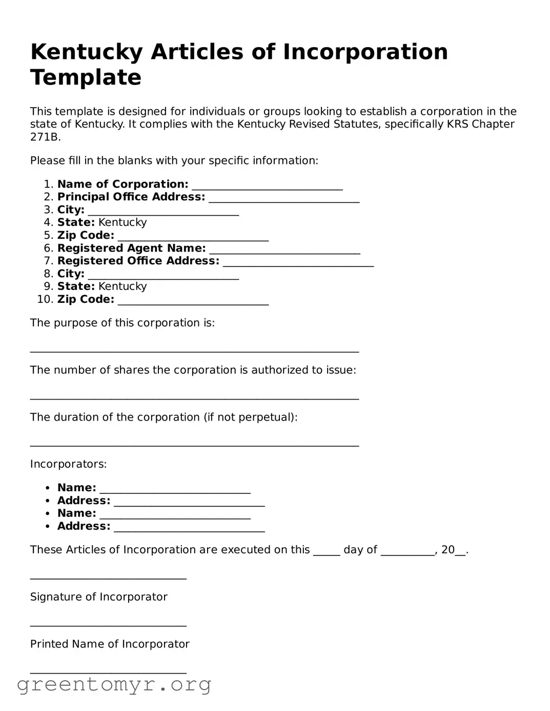 Articles of Incorporation Form for the State of Kentucky