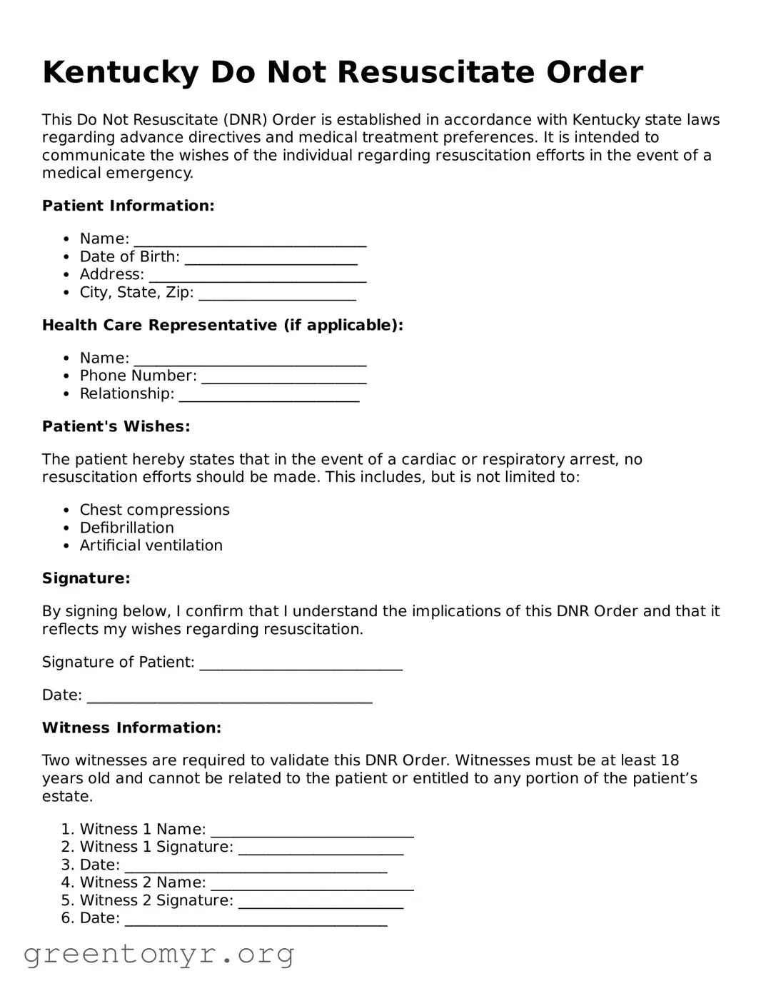 Do Not Resuscitate Order Form for the State of Kentucky