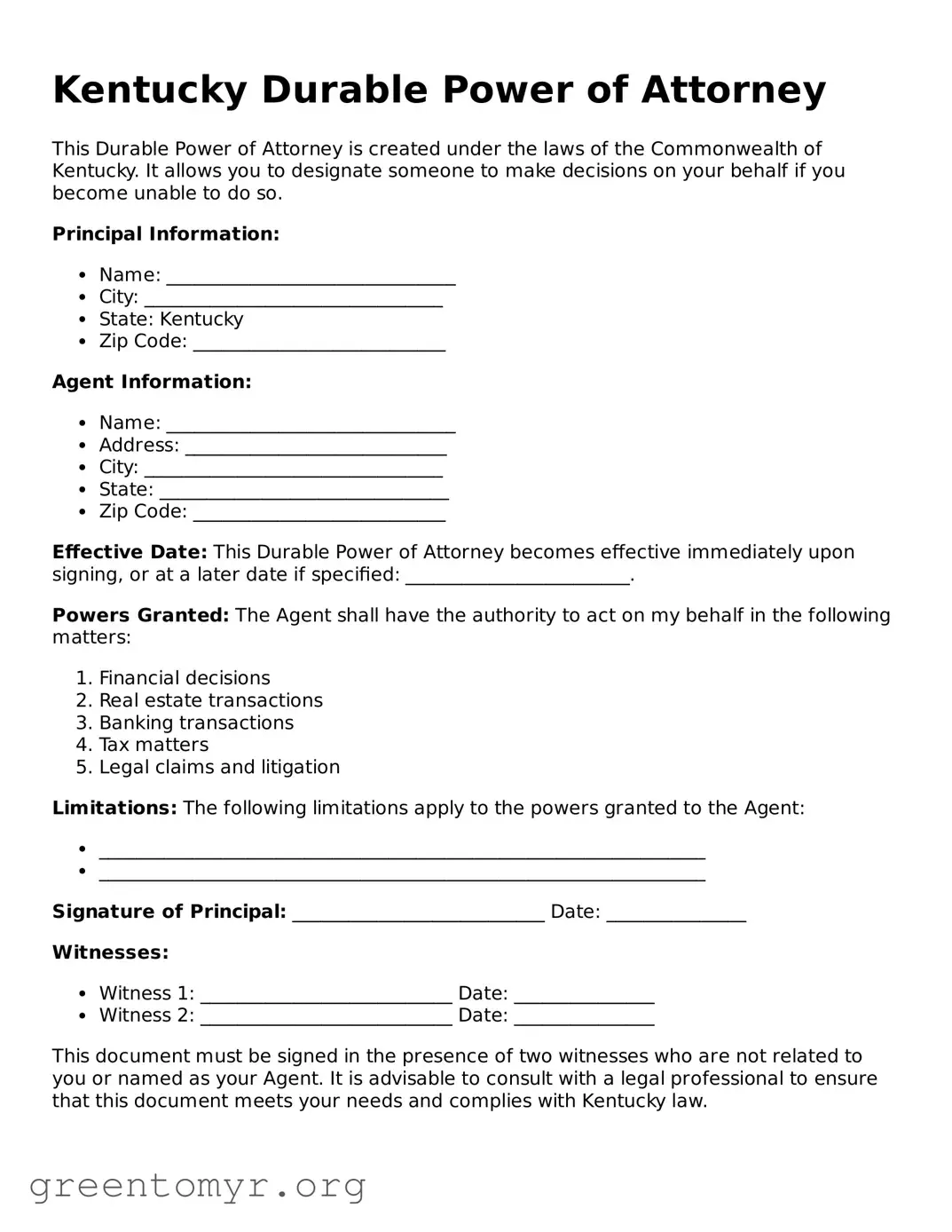Durable Power of Attorney Form for the State of Kentucky