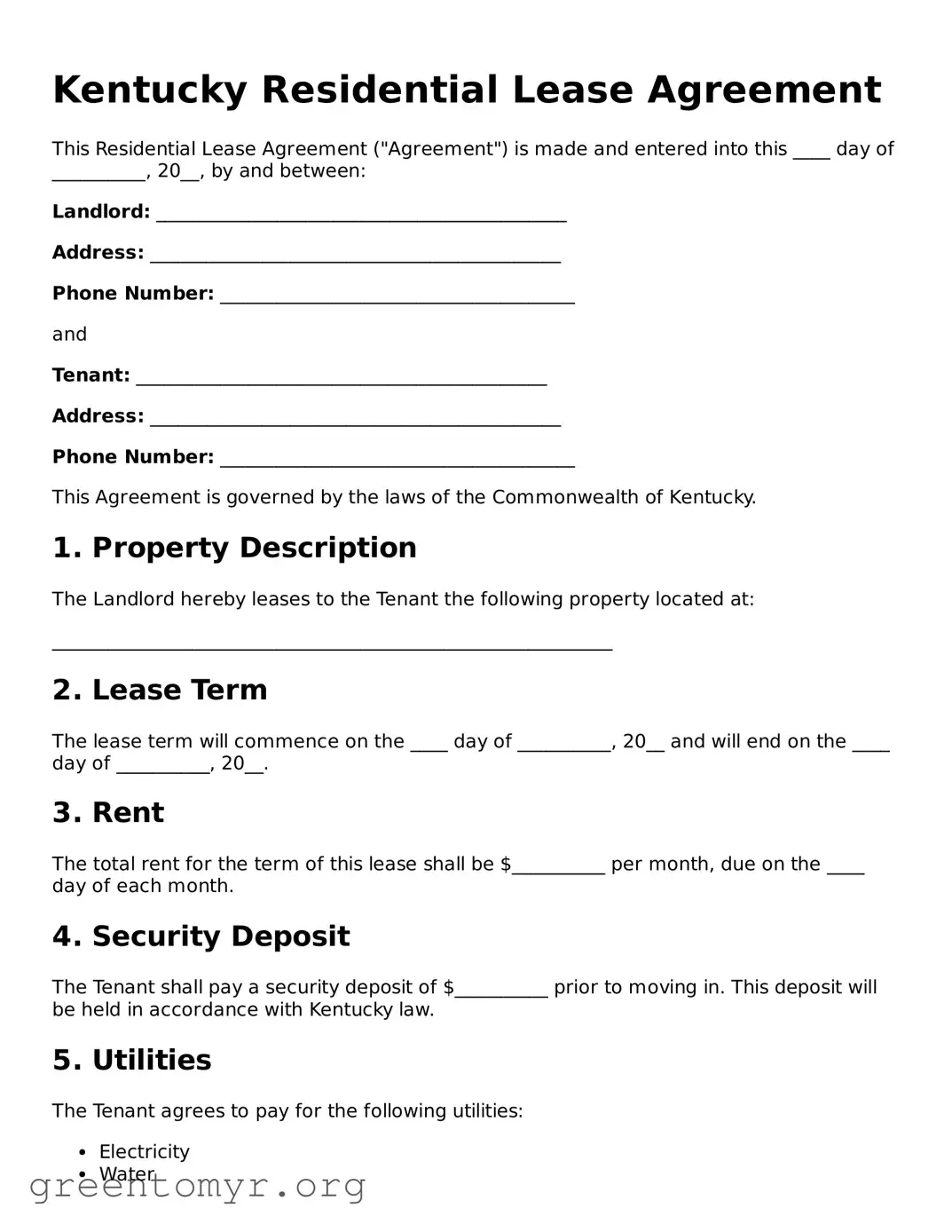 Residential Lease Agreement Form for the State of Kentucky