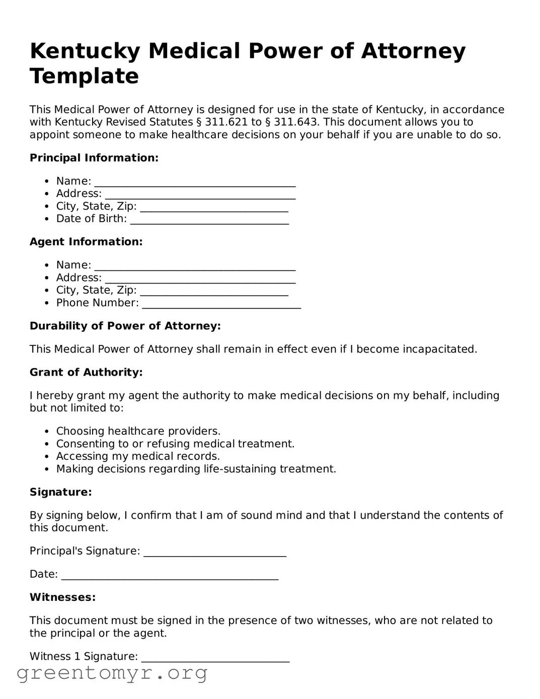 Medical Power of Attorney Form for the State of Kentucky