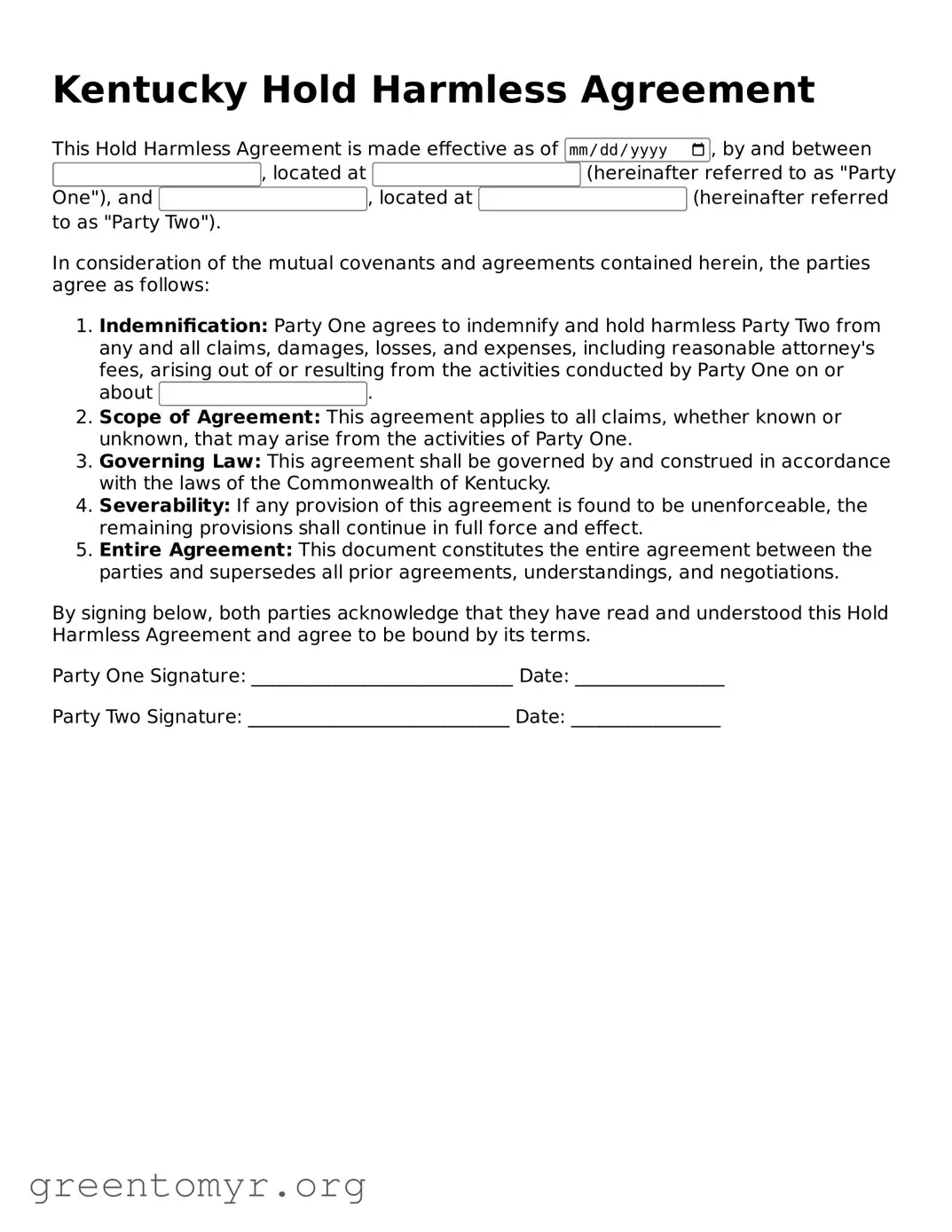 Hold Harmless Agreement Form for the State of Kentucky