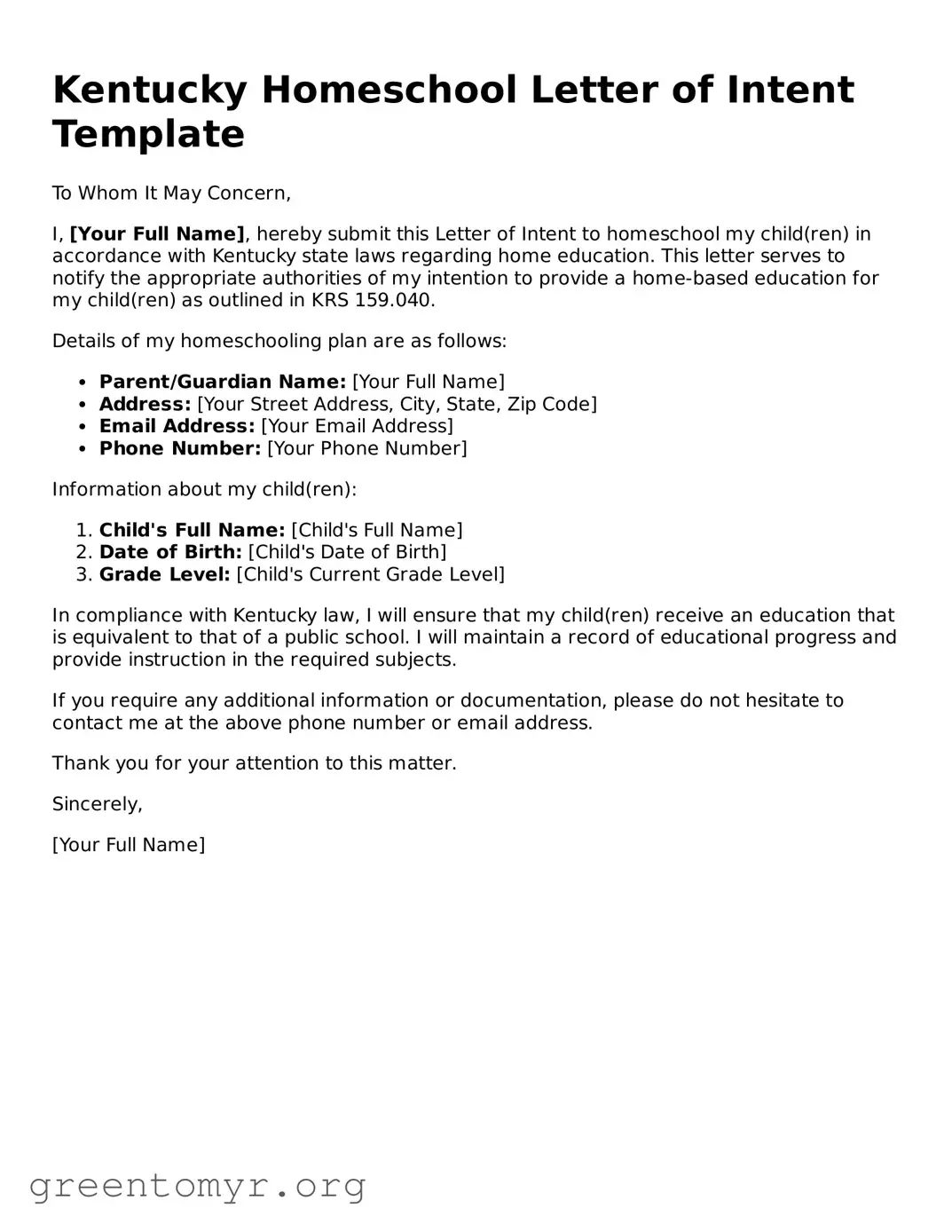 Homeschool Letter of Intent Form for the State of Kentucky