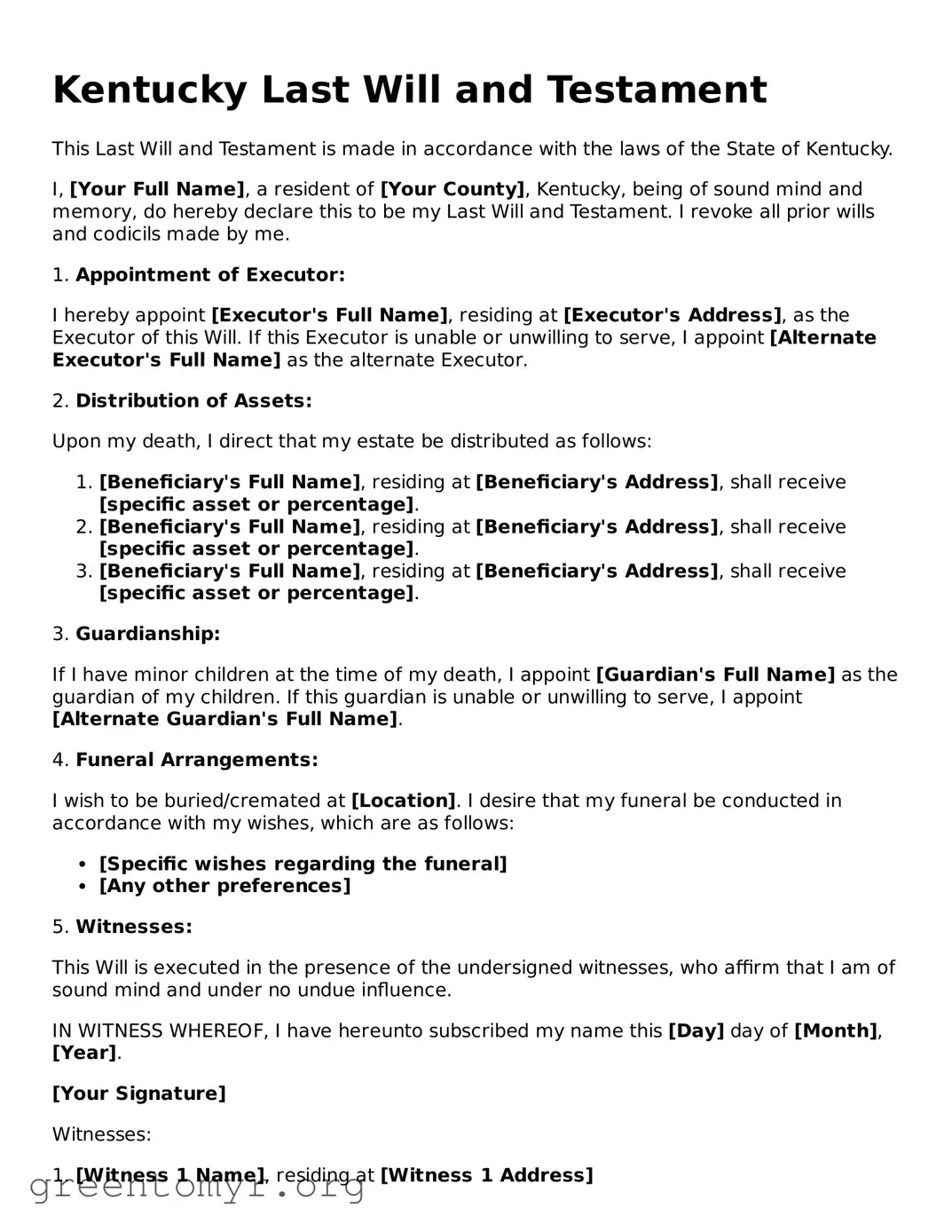 Last Will and Testament Form for the State of Kentucky