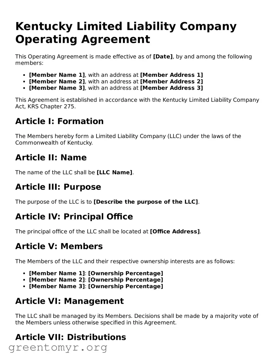 Operating Agreement Form for the State of Kentucky