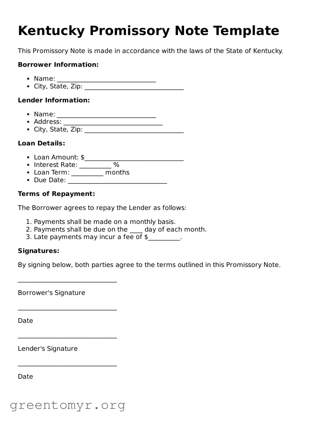 Promissory Note Form for the State of Kentucky