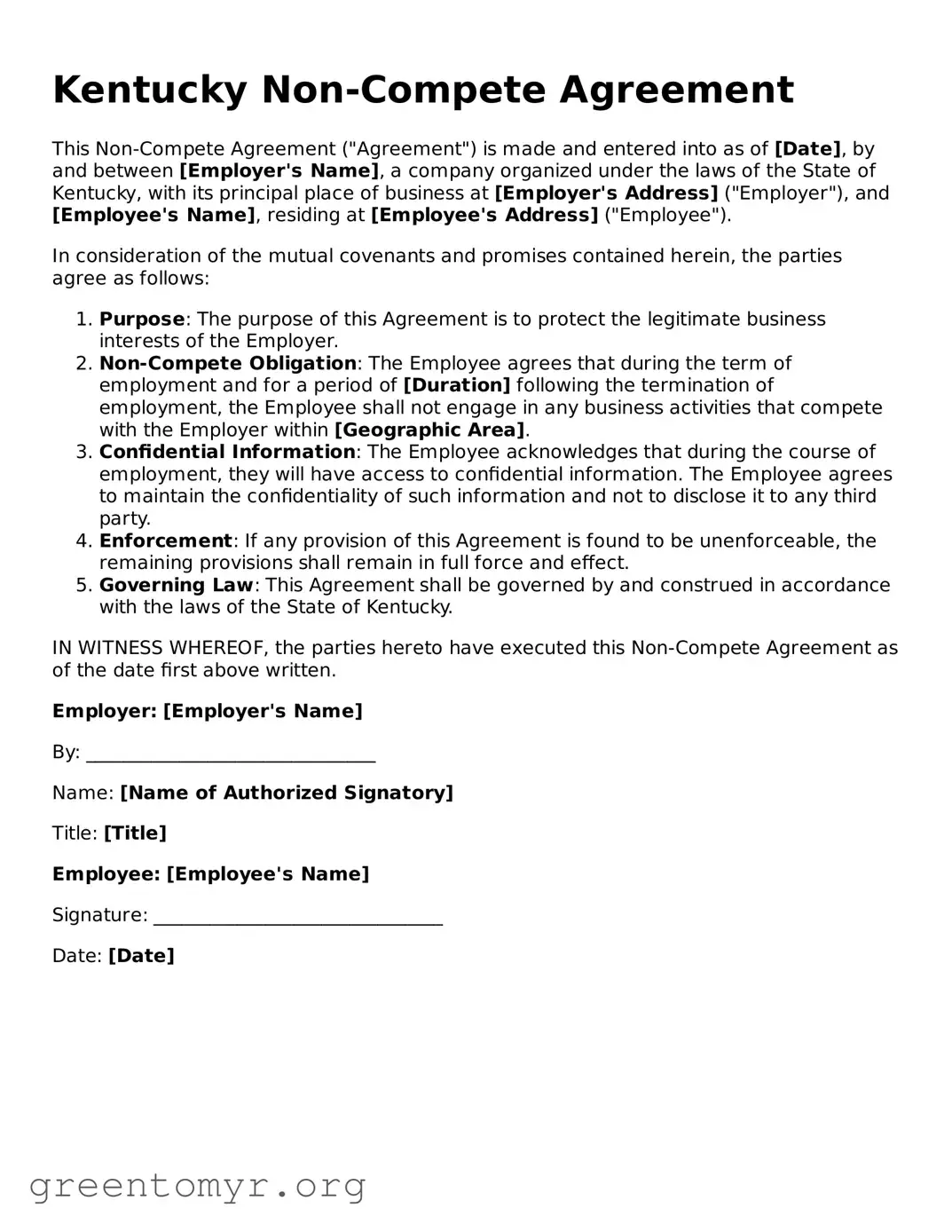 Non-compete Agreement Form for the State of Kentucky