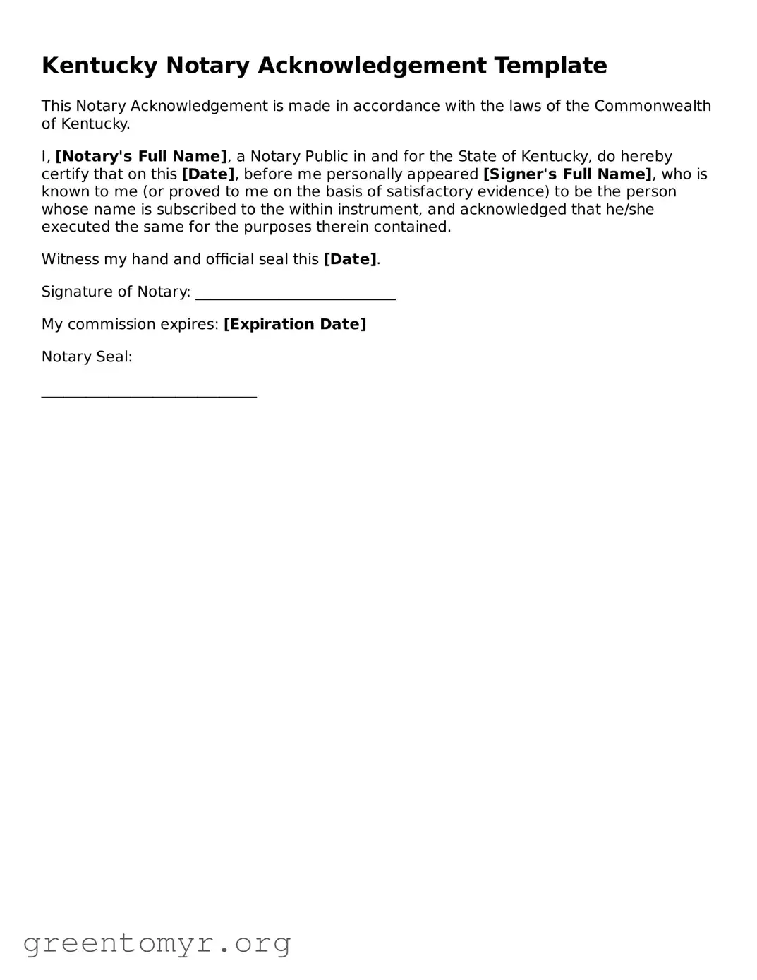 Notary Acknowledgement Form for the State of Kentucky