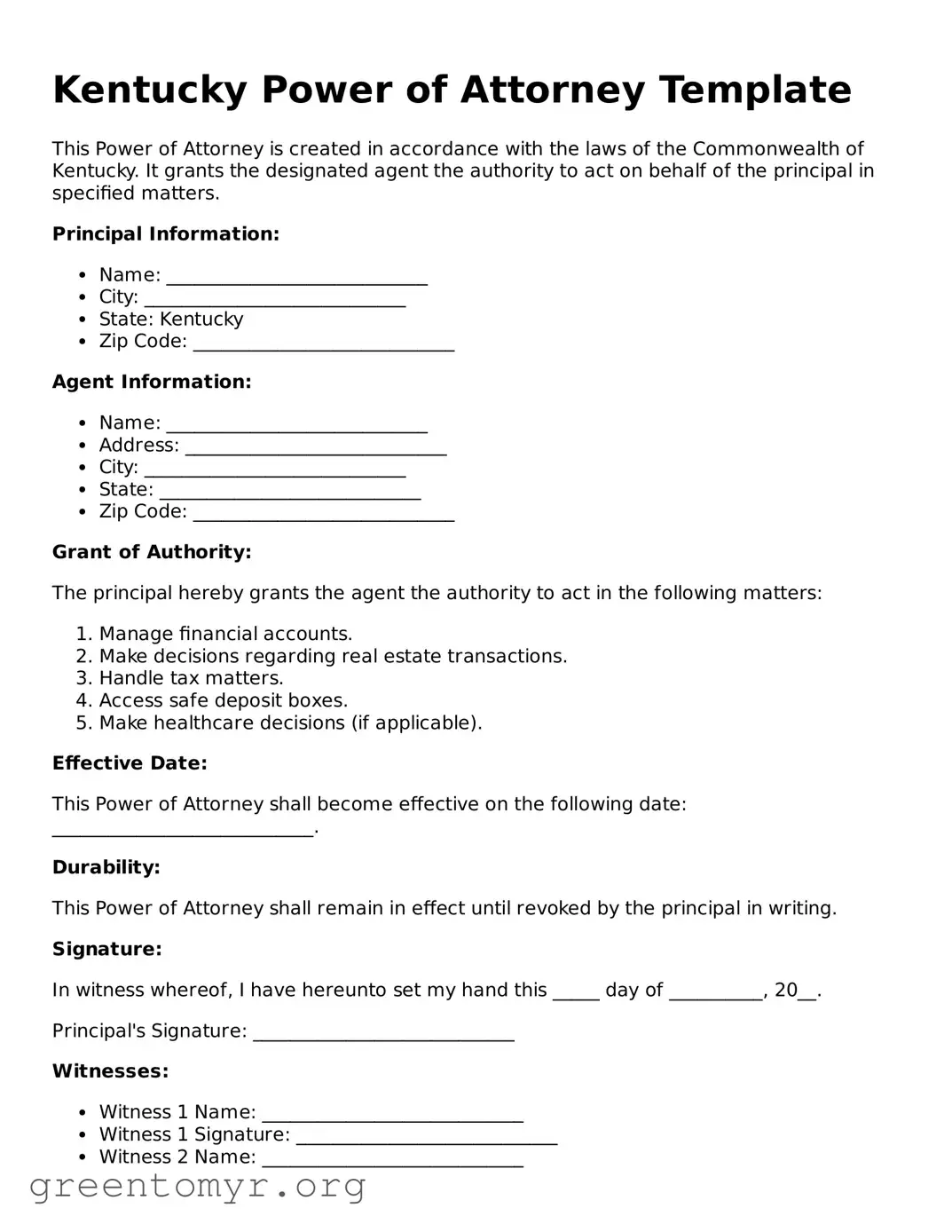Power of Attorney Form for the State of Kentucky