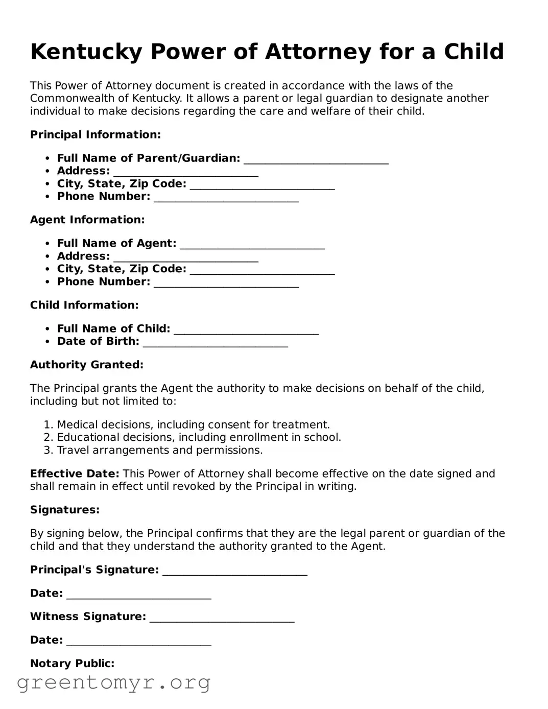 Power of Attorney for a Child Form for the State of Kentucky