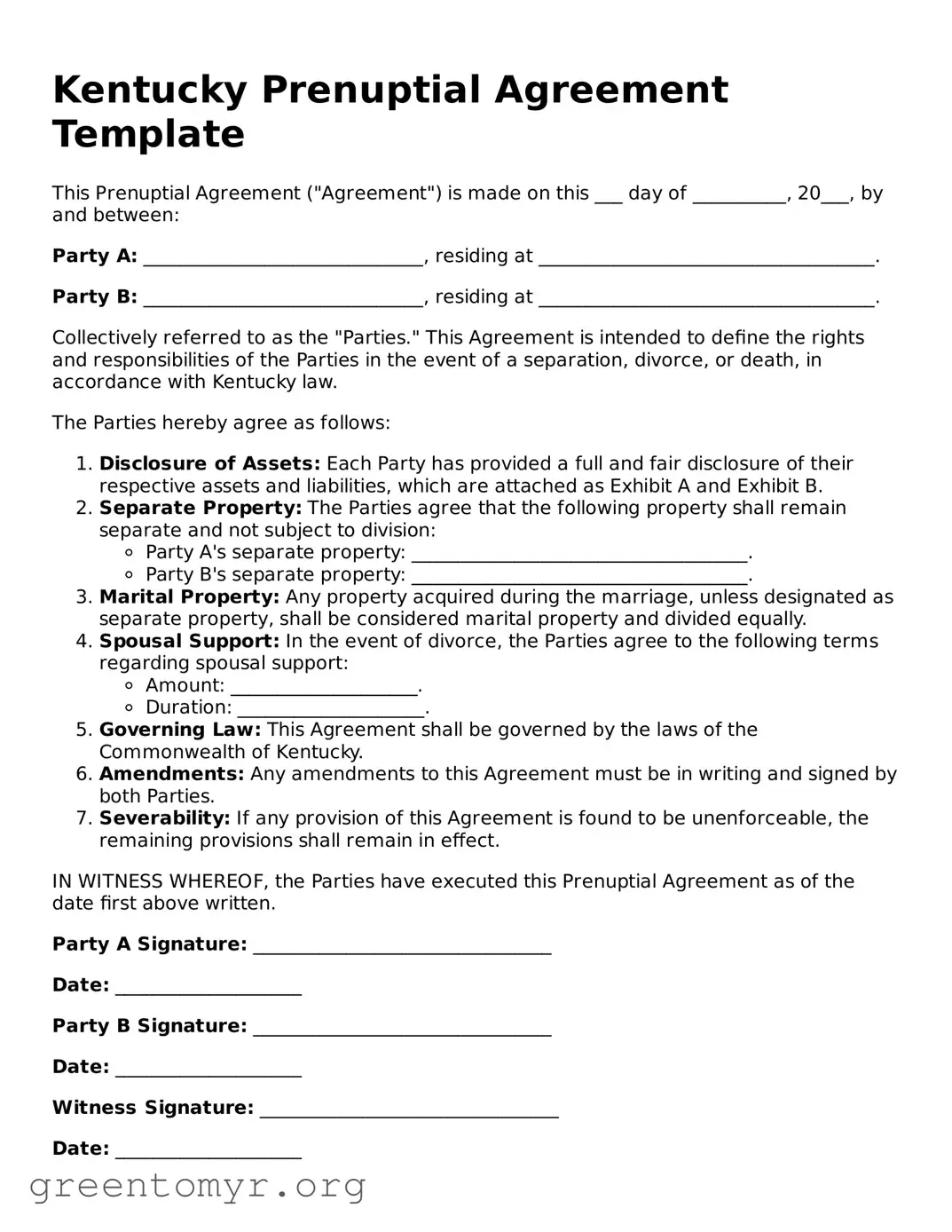 Prenuptial Agreement Form for the State of Kentucky