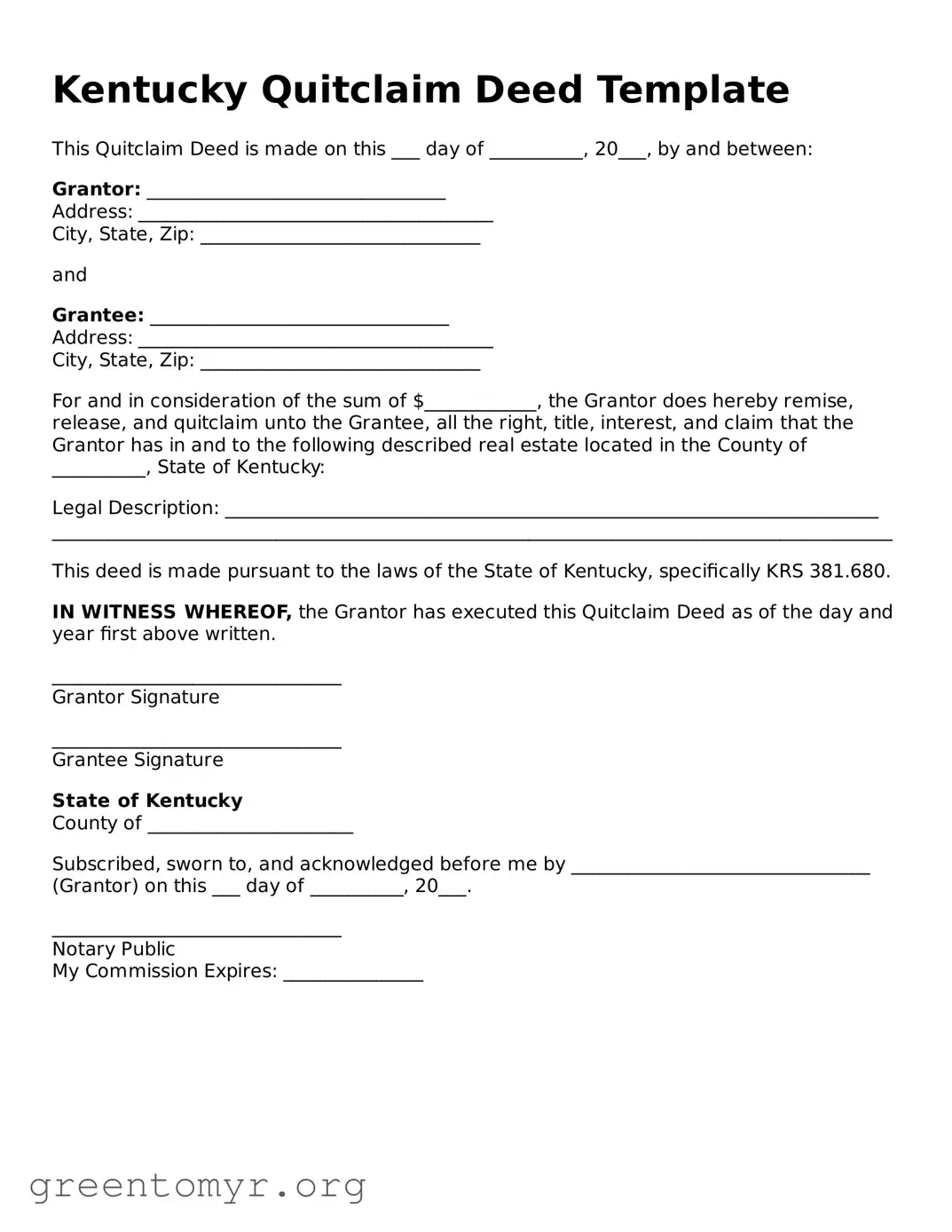 Quitclaim Deed Form for the State of Kentucky