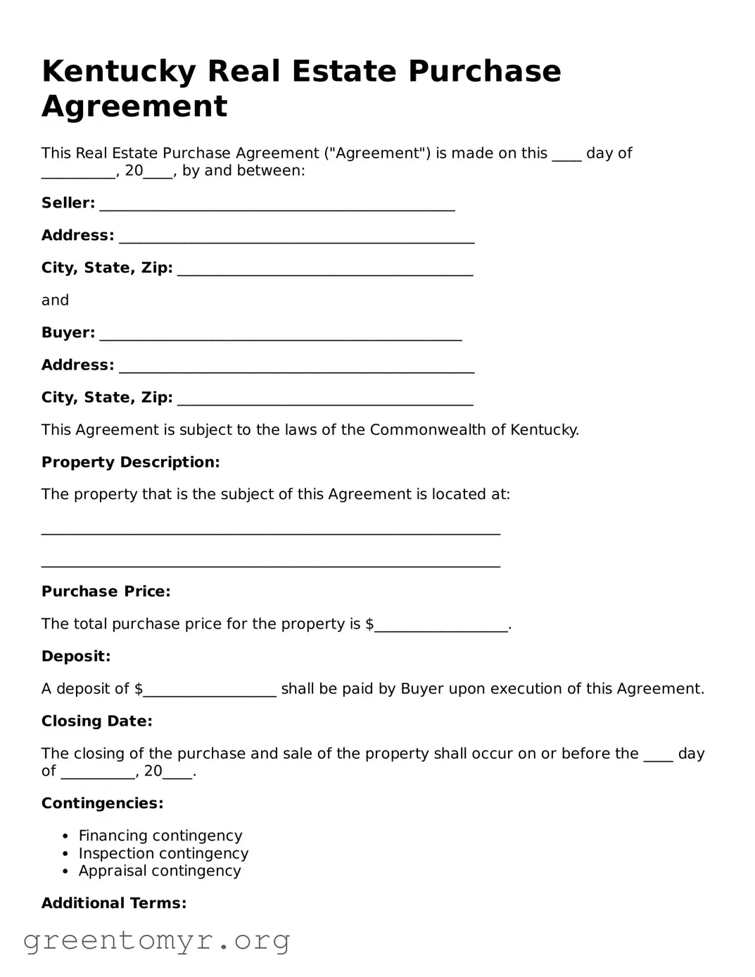 Real Estate Purchase Agreement Form for the State of Kentucky