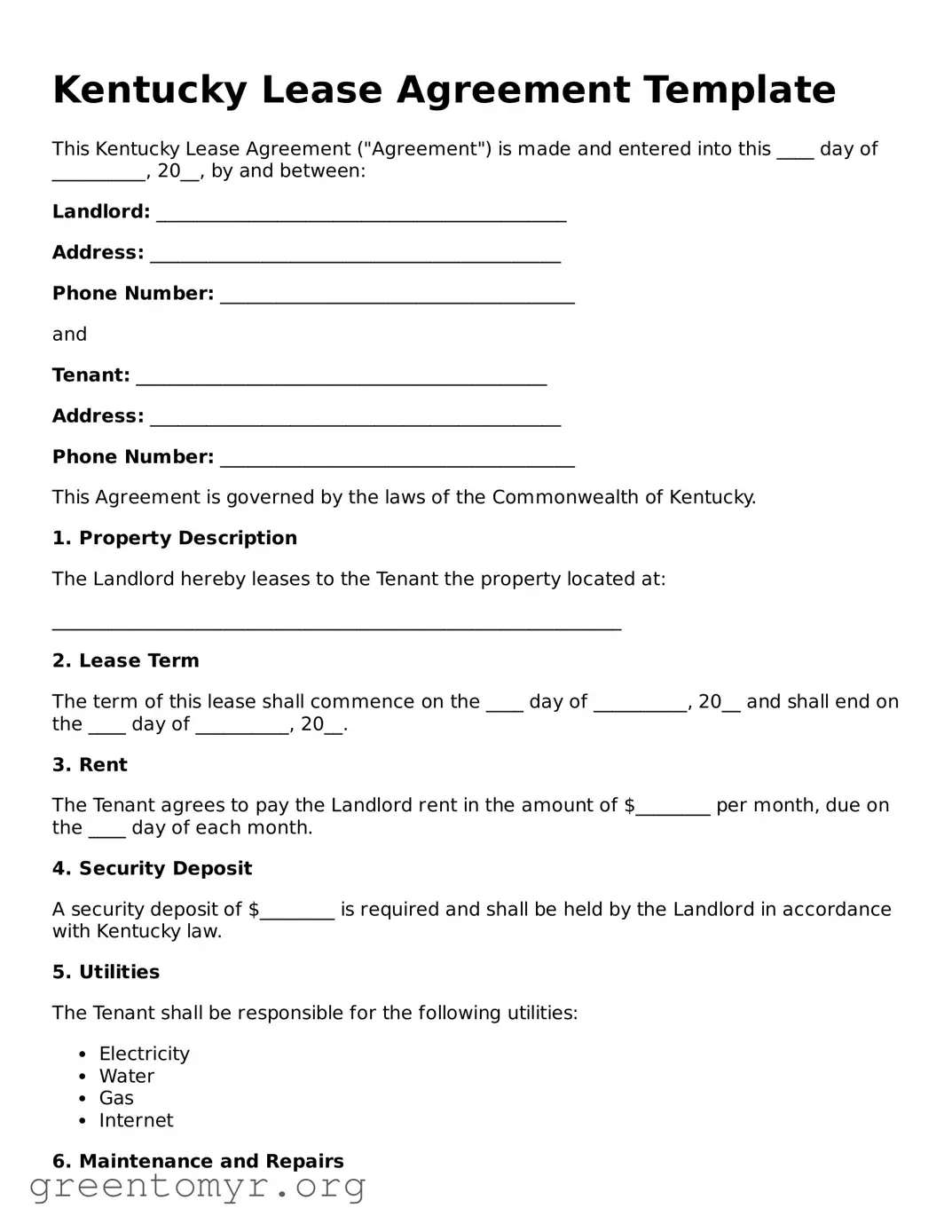 Lease Agreement Form for the State of Kentucky