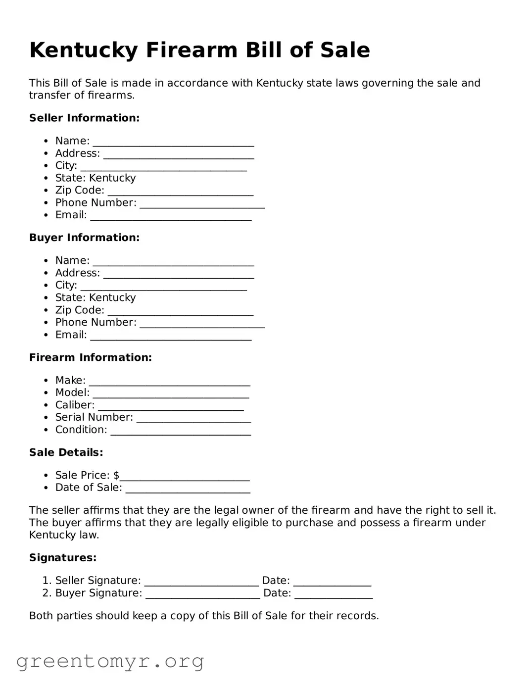 Firearm Bill of Sale Form for the State of Kentucky